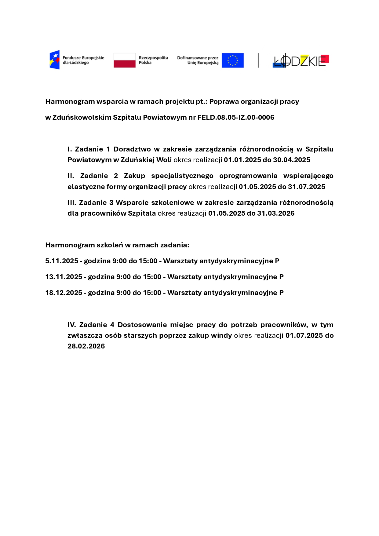 Harmonogram wsparcia w ramach projektu Poprawa organizacji pracy w Zduńskowolskim Szpitalu Powiatowym Sp. z o.o.