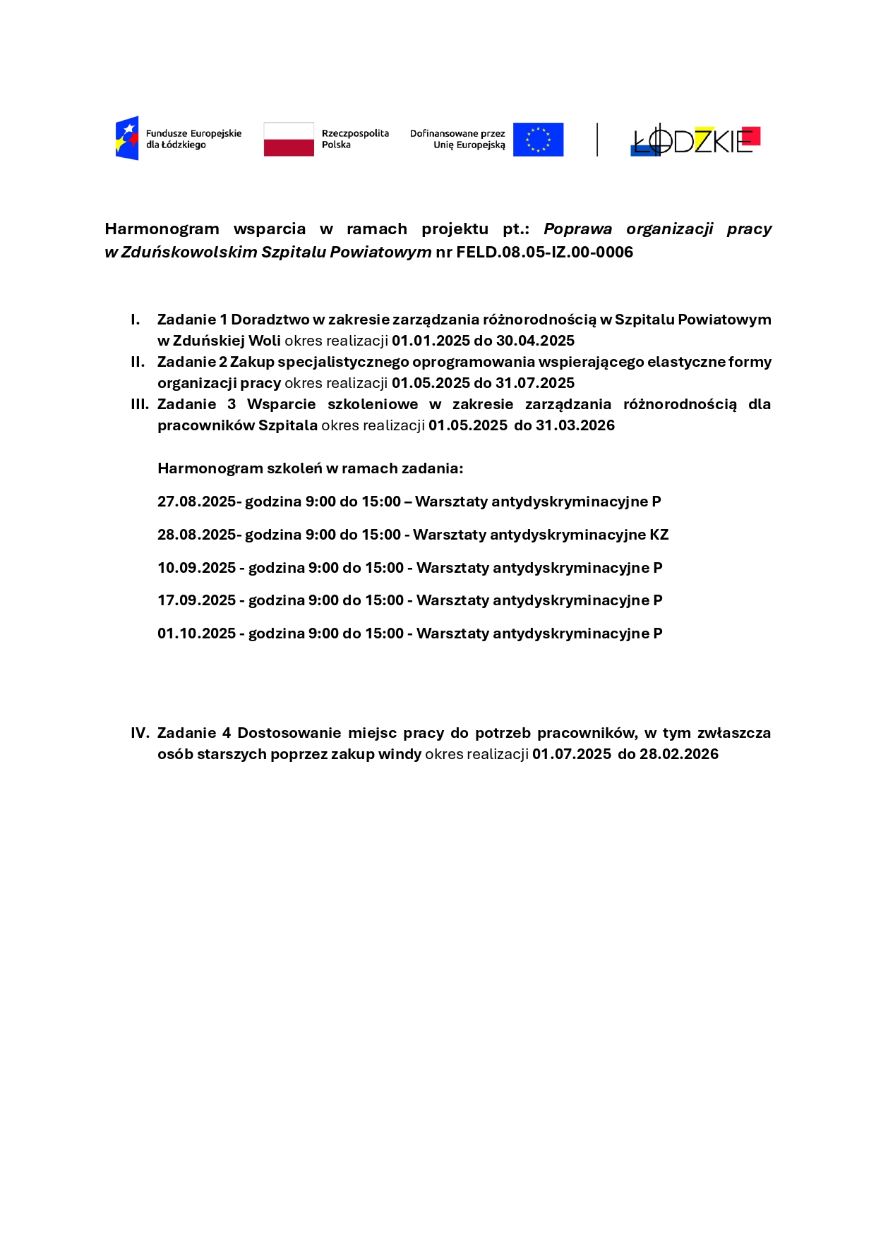 Harmonogram wsparcia w ramach projektu Poprawa organizacji pracy w Zduńskowolskim Szpitalu Powiatowym page 0001