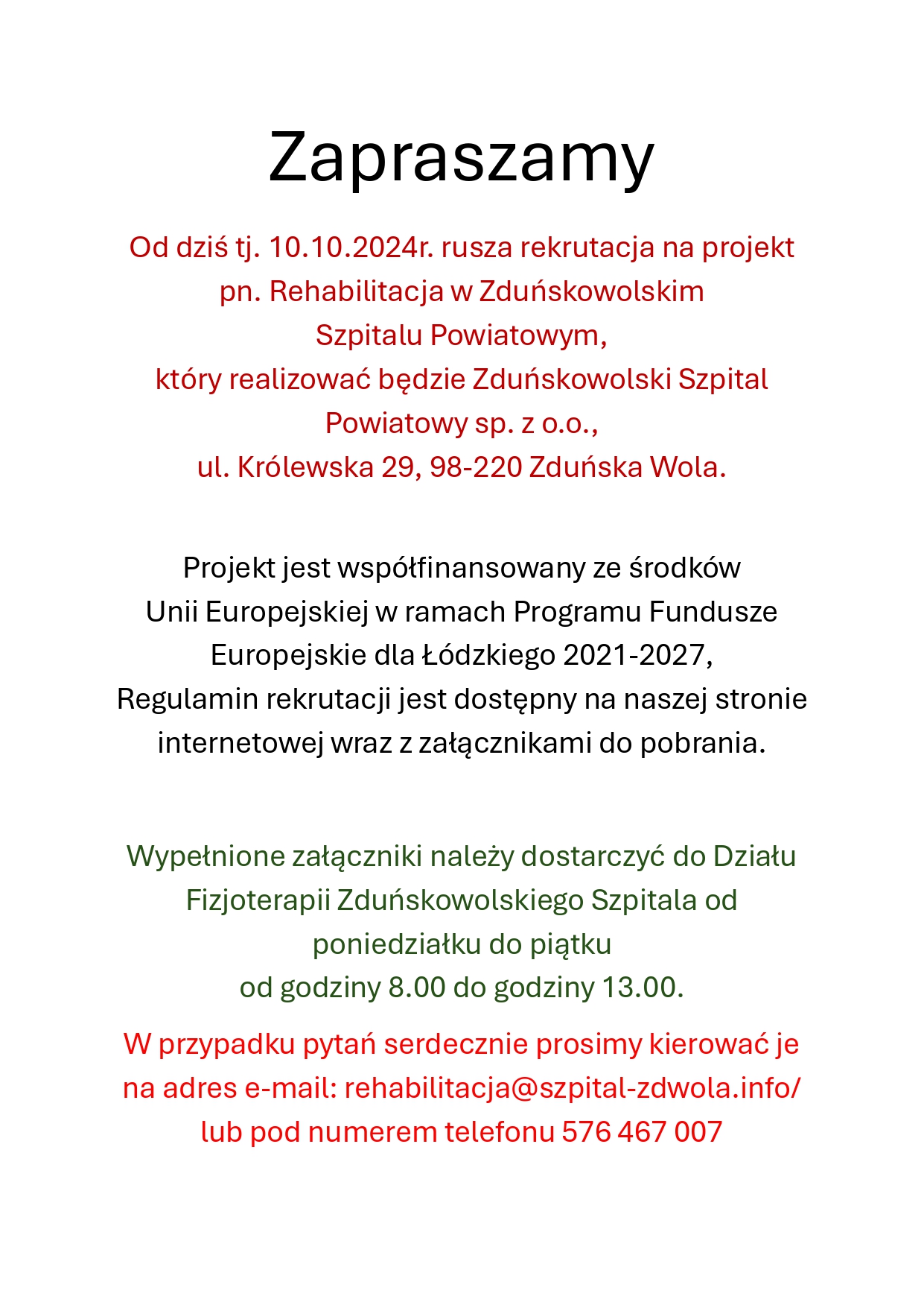 Od dziś rusza rekrutacja na projekt pn. Rehabilitacja w Zduńskowolskim